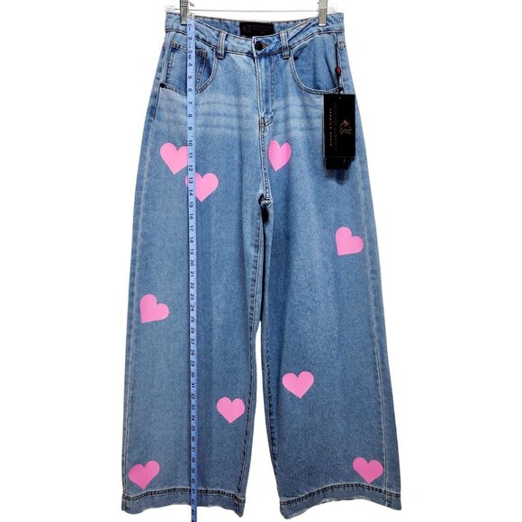 Love For Humanity Womens High-Rise Wide-Leg Jeans Pink Heart Accents Size 7/ 28 - Picture 3 of 15